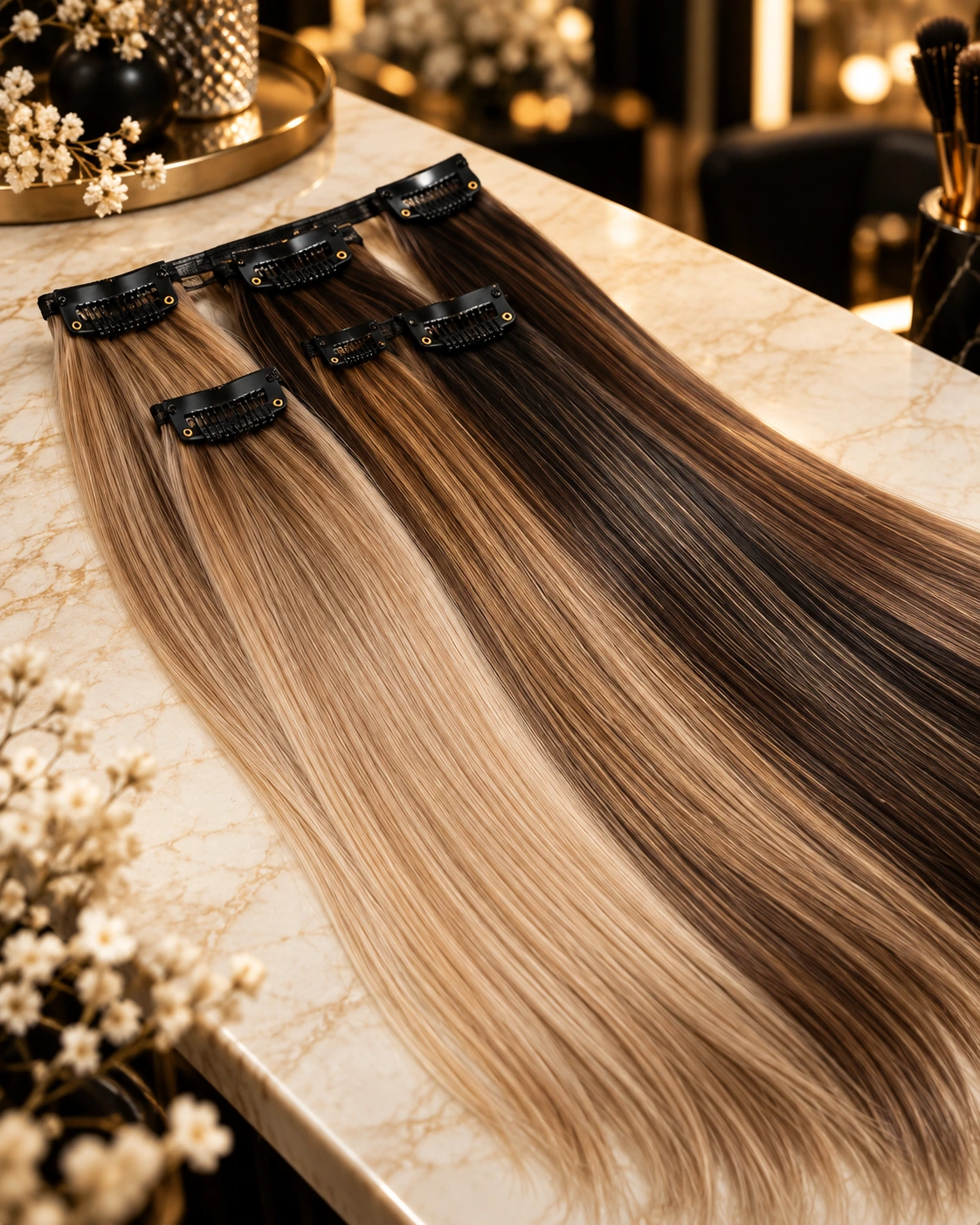 Extensiones de clips de cabello humano en varios tonos con los clips visibles