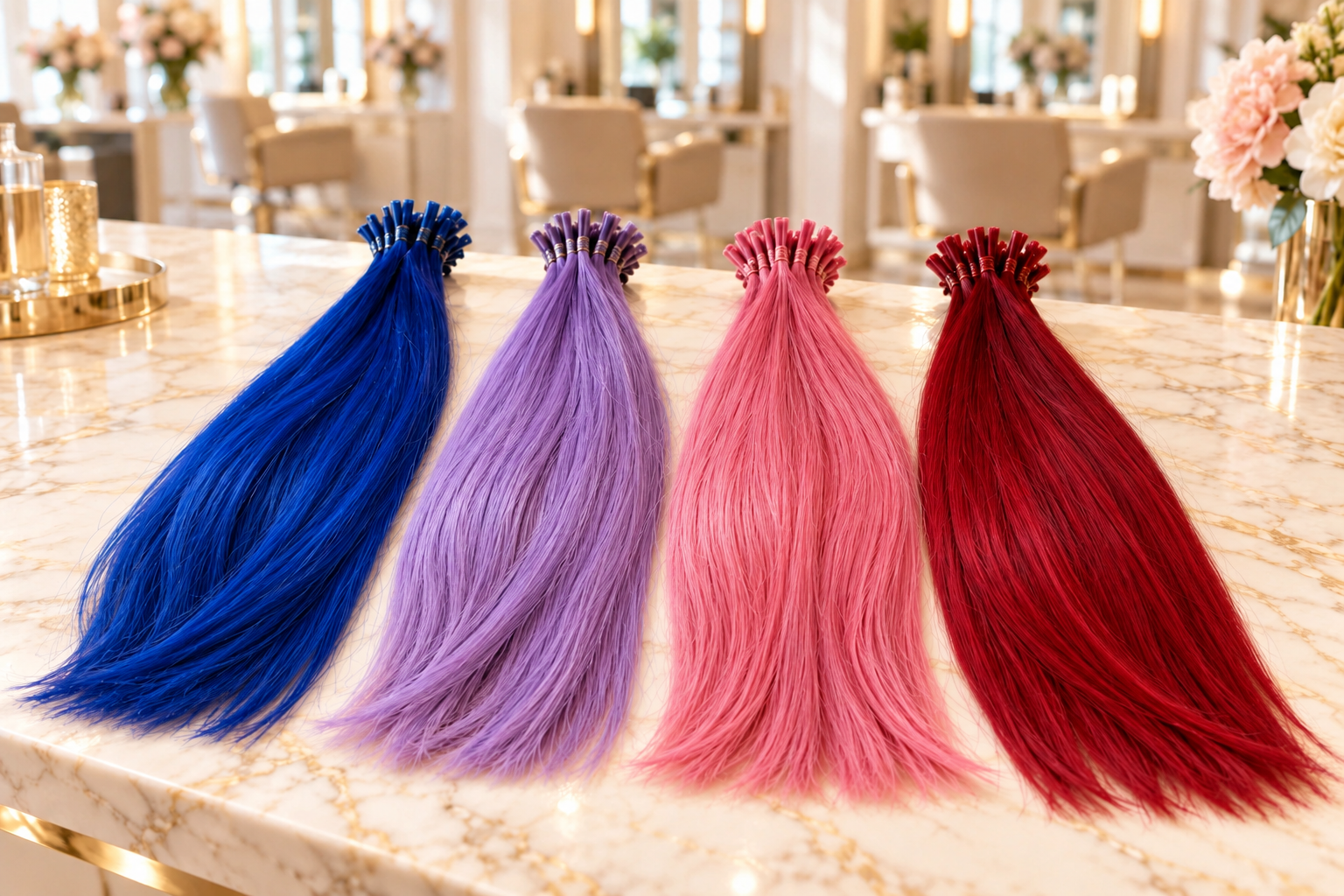Mechones de extensiones por punto en azul, lila, rosado y rojo