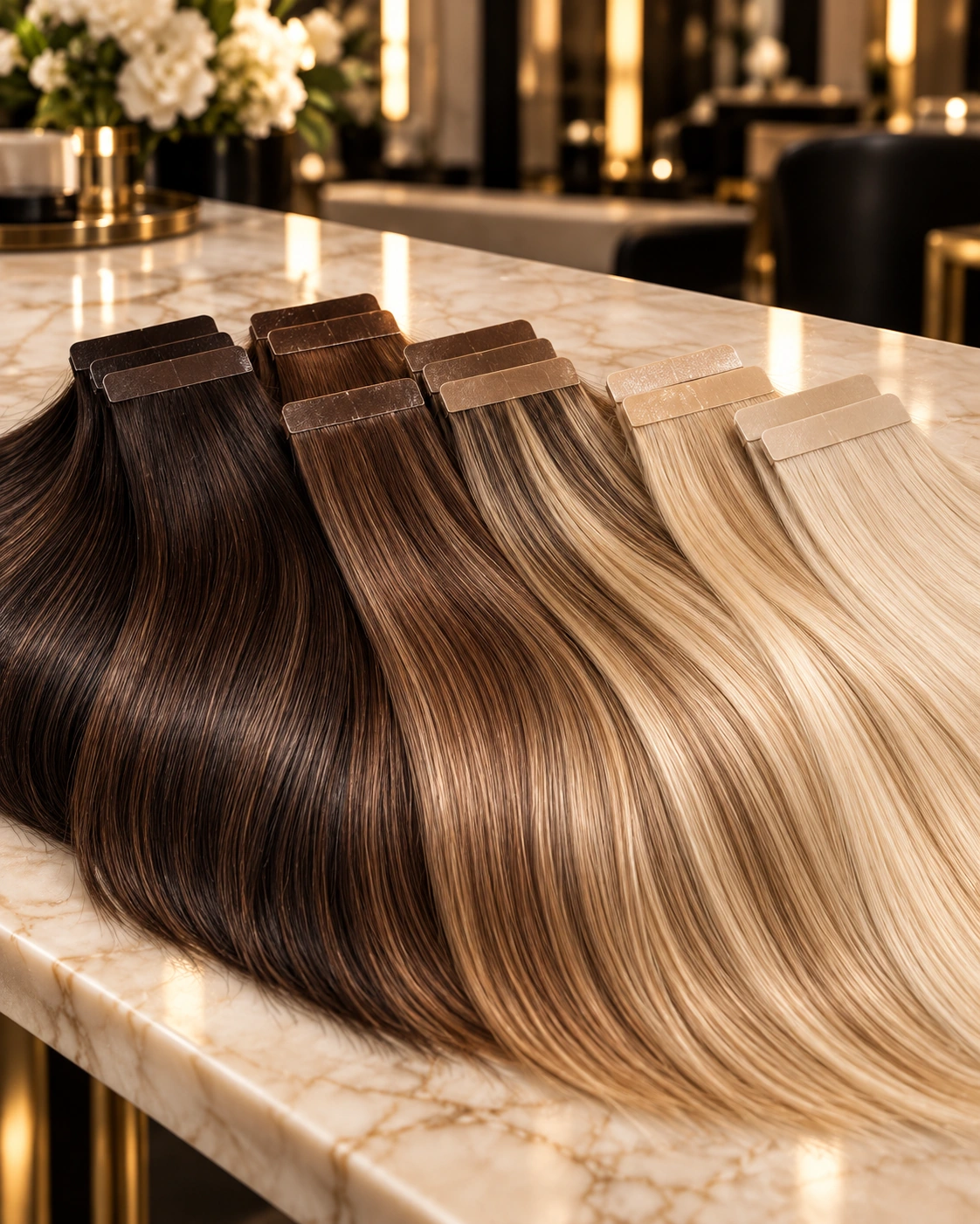Extensiones adhesivas de cabello humano con las bandas de aplicación visibles